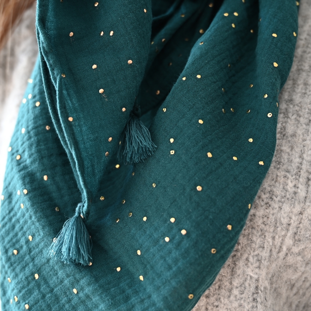 Foulard Pompon Gaze Pois Or Vert Canard