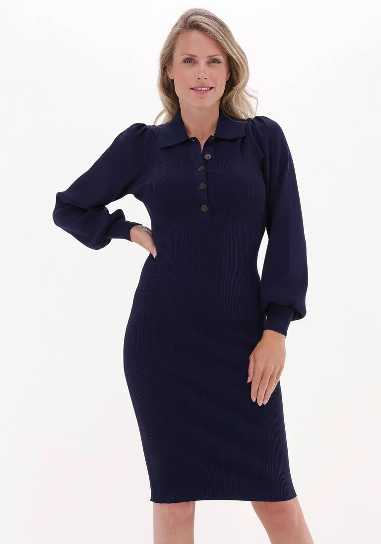 SECOND FEMALE donkerblauwe second female midi jurk lee knit dress