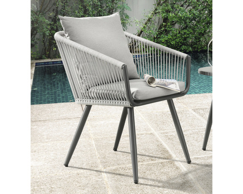 Destiny Rom 2-zits balkonset bestaande uit: 2 stoelen, inclusief kussens, aluminium tafel met grijze stoffen bekleding