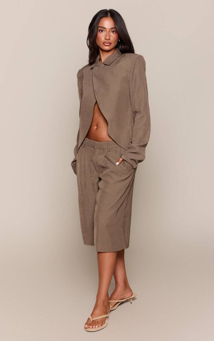 Vert Olive Ensemble Blazer Boxy Col Croisé Petite Taille