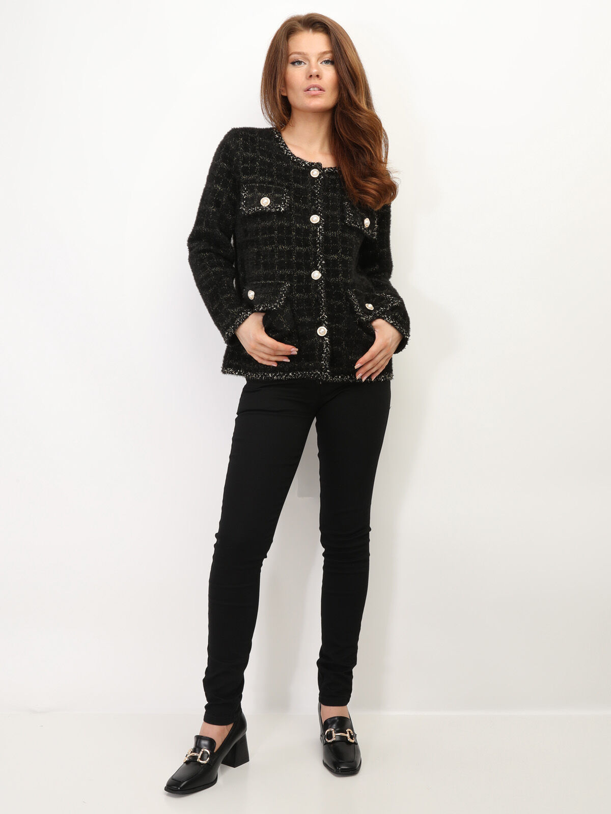 Veste style tweed à boutons nacrés- Noir