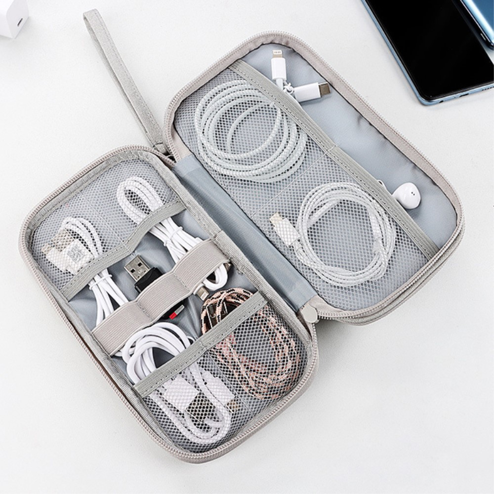 (20x11.5x6cm) Universal Stoff Tasche Reise Organizer für Smartphones / Ladekabel mit Doppel Reissverschluss (Grösse M) - Grau
