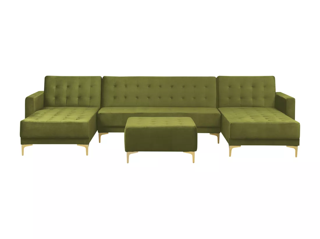 Canapé modulable 5 places en forme de U velours vert avec ottoman ABERDEEN