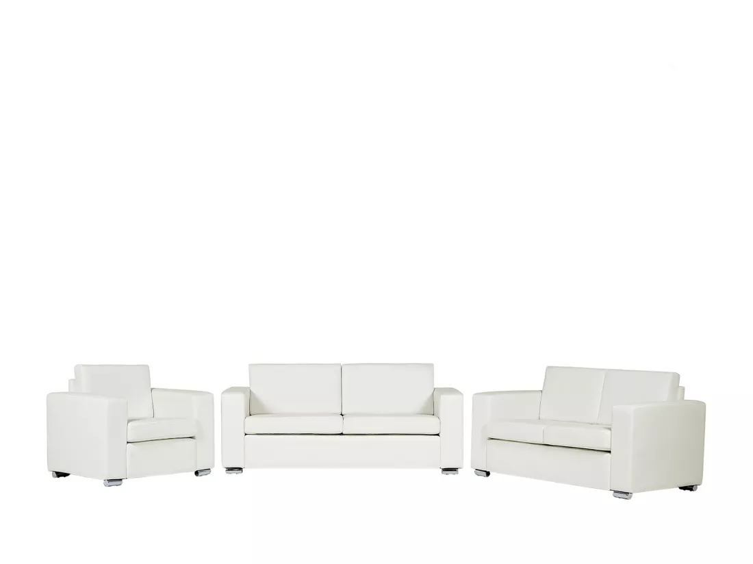 Ensemble de canapés et fauteuil en cuir blanc 6 places HELSINKI