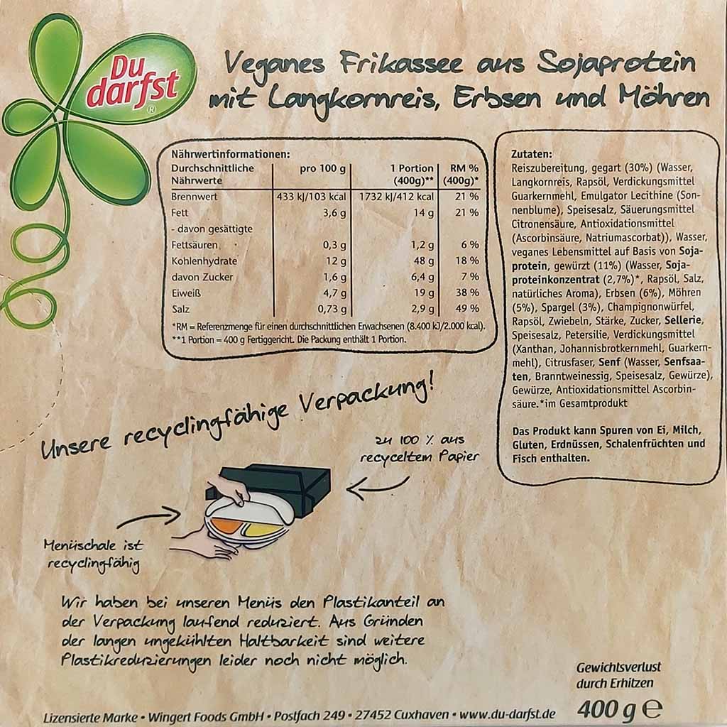 Du Darfst Fertiggericht Veganes Frikassee mit Langkornreis 400g MHD:8.9.25
