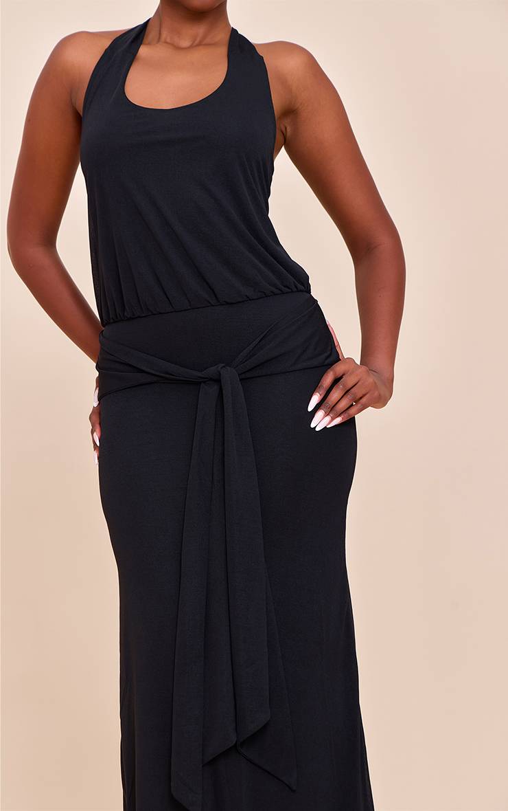 Noir Robe Longue En Mousseline Double Épaisseur Col Licou Avec Découpe