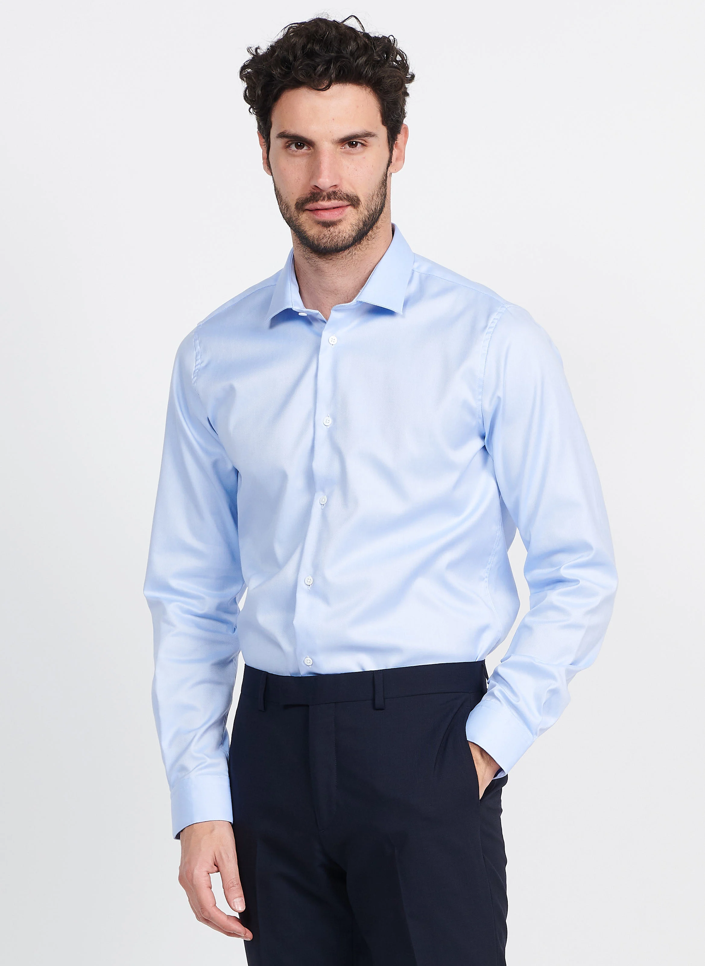 Chemise col classique slim-fit en coton| Bleu