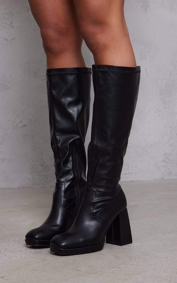 Noir Bottes Hautes À Talon Bloc Et Plateforme Légère Coupe Large