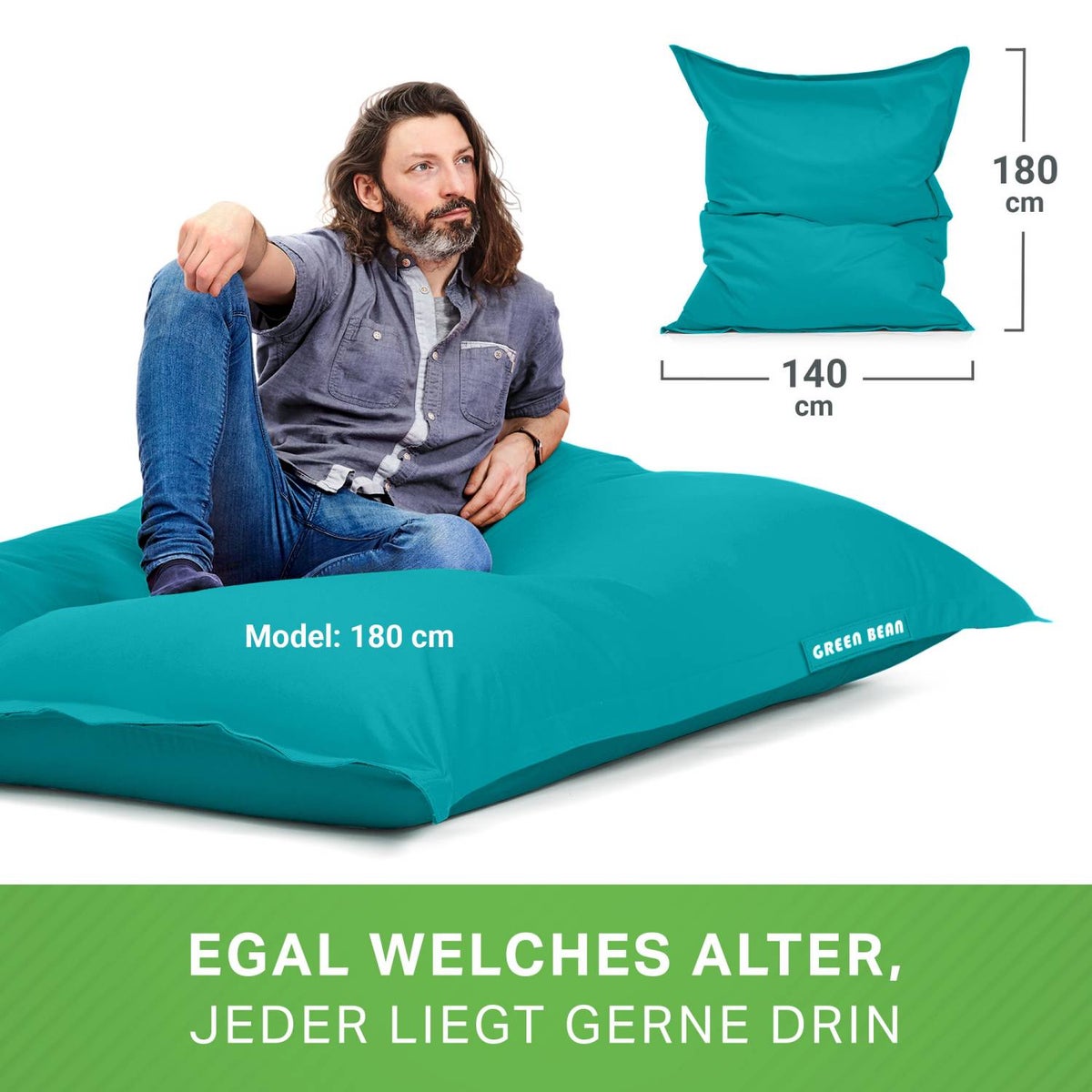 Green Bean Zitzak XXL 140x180cm 380 liter Kinderen & Volwassenen Zitzak EPS-korrelvulling Grote Zitzak Grote Buitenligstoel Wasbaar Weerbestendig Zitkussen Vloerkussen Turquoise
