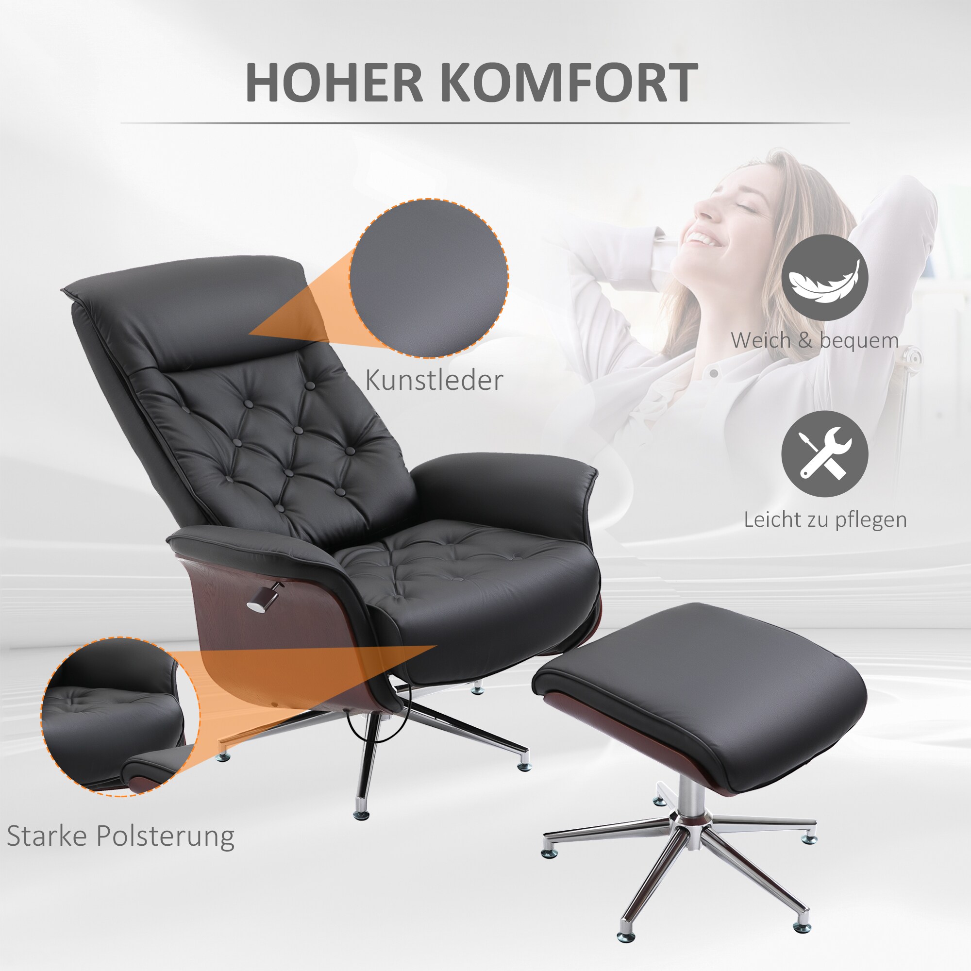 HOMCOM Chesterfield Sessel mit Hocker schwarz