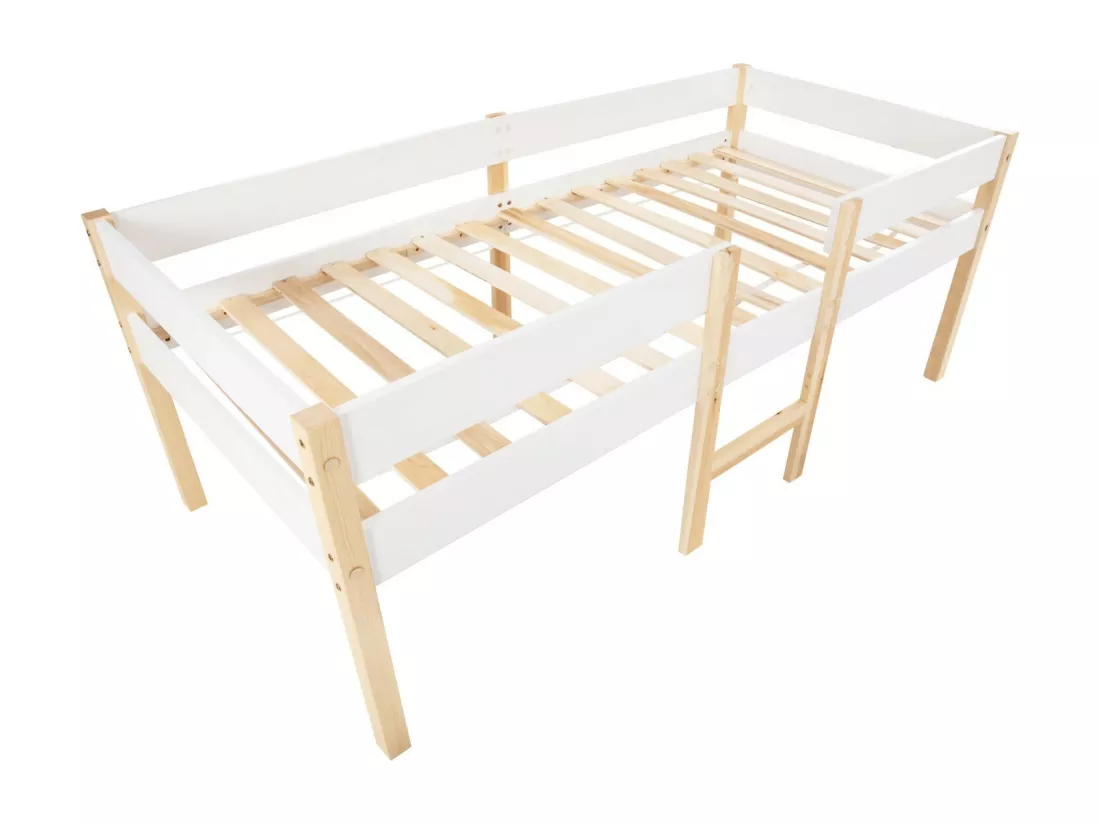 Lit mi-hauteur 90 x 200 cm avec escalier - Charge max. 120kg - Bois de pin massif - Blanc