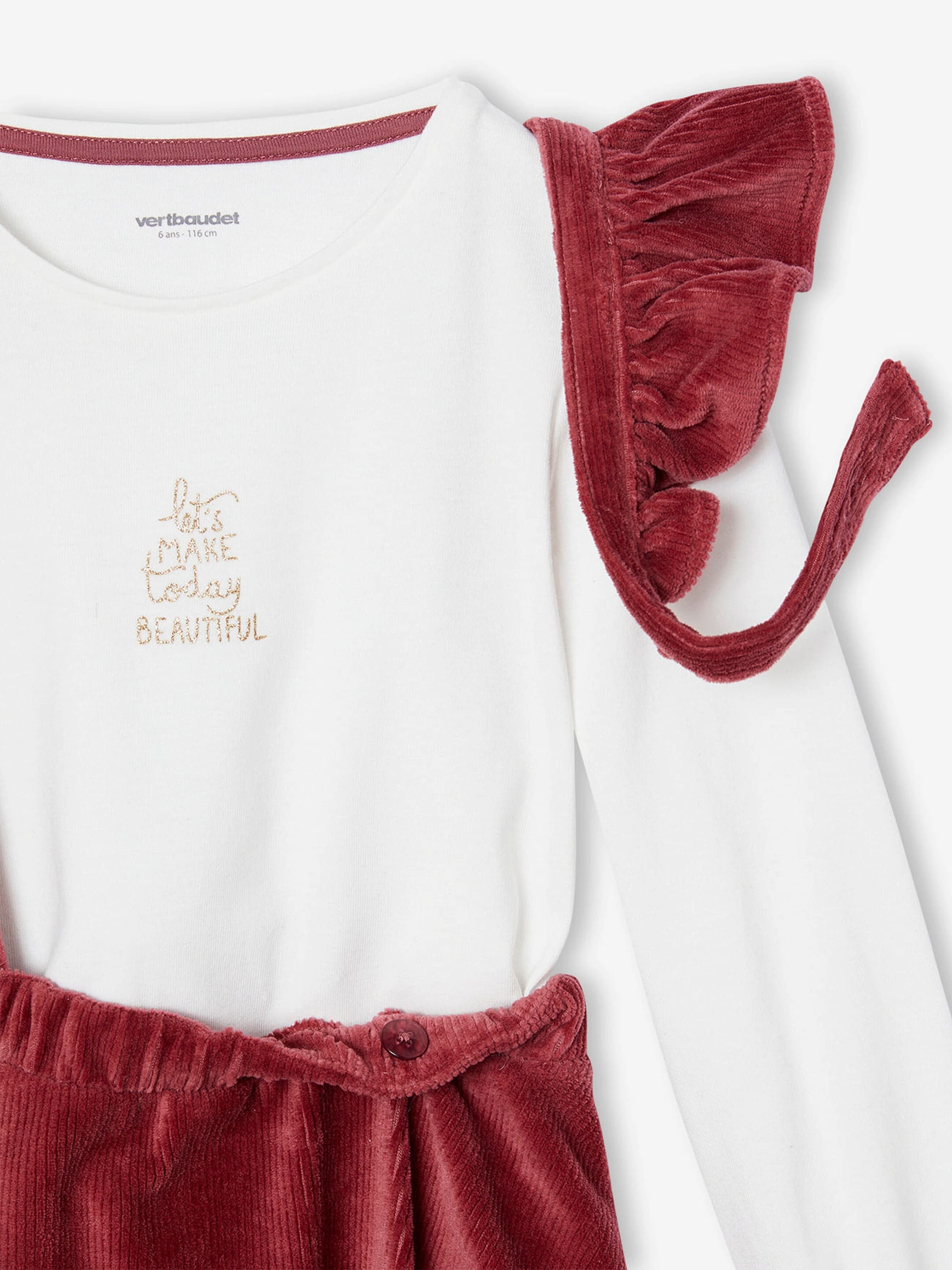 Vertbaudet Mädchen-Set: Shirt & Cordrock mit Trägern pflaume