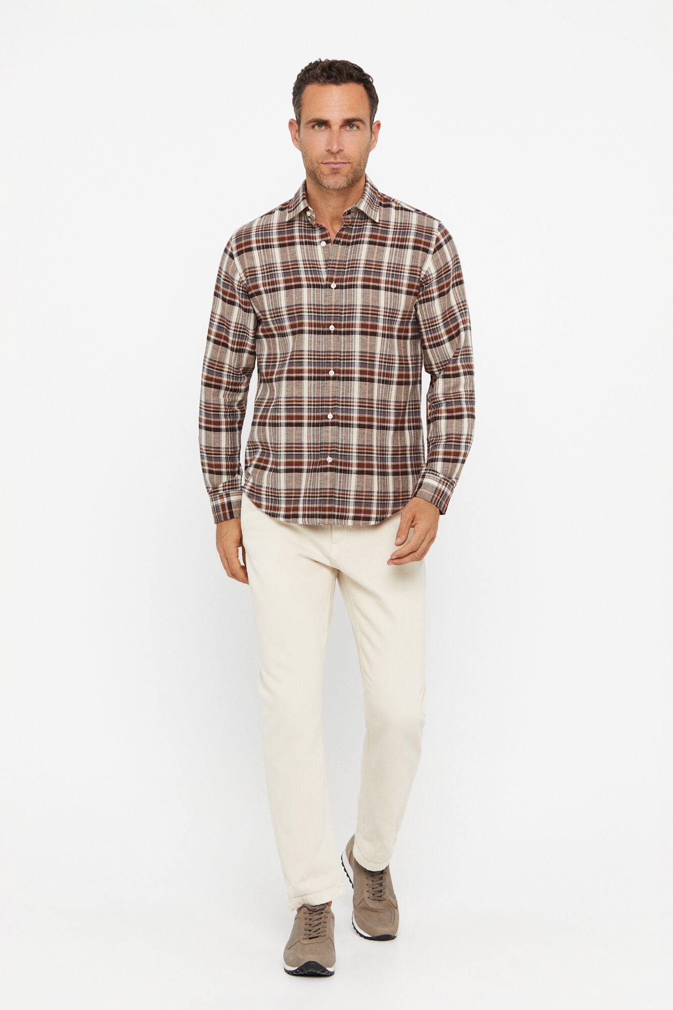 Camisa xadrez de algodão e linho - Marrom