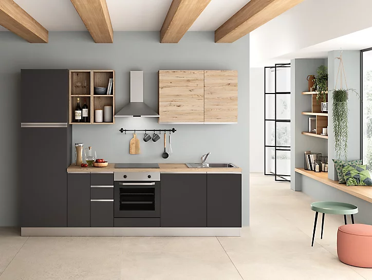Cuisine complète pré-montée All In Urban décor bois et anthracite L. 285 cm avec électroménager