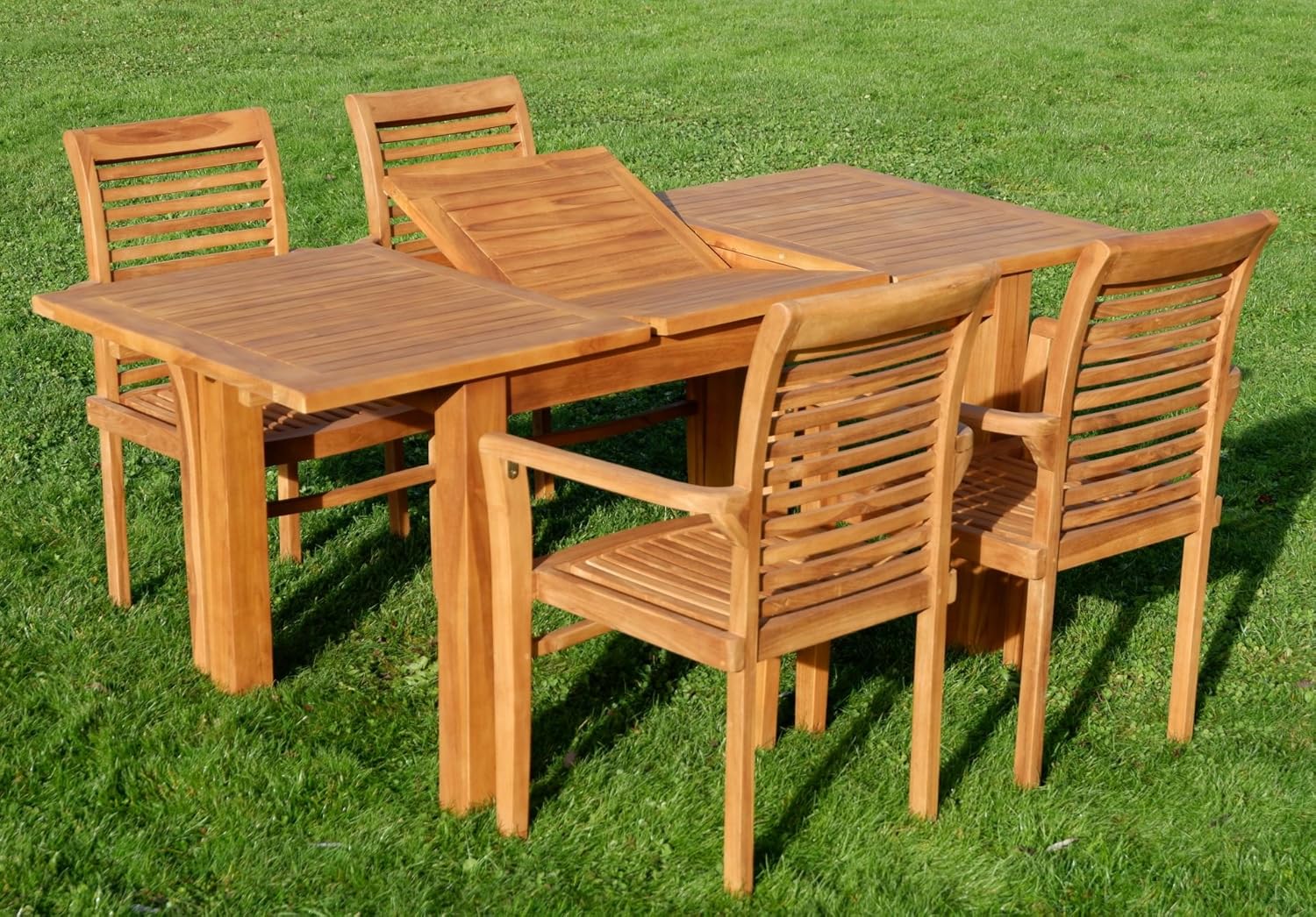 ASS Teak Set: Gartengarnitur Bigfuss Ausziehtisch 130-180 x 80cm mit 4 Alpen Sessel Holz Serie JAV