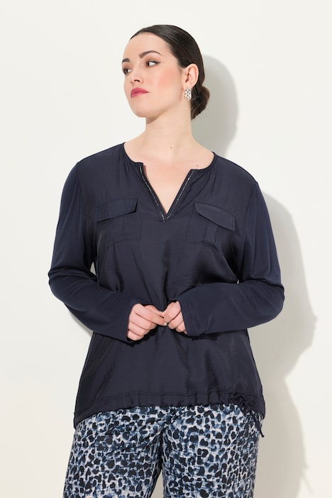 Blusenshirt, Ziersteine, Tunika-Ausschnitt, Langarm
