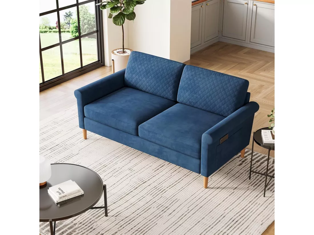 Canapé 2 places confort assise profonde en velours, pieds en bois, 164x76x85cm, Bleu
