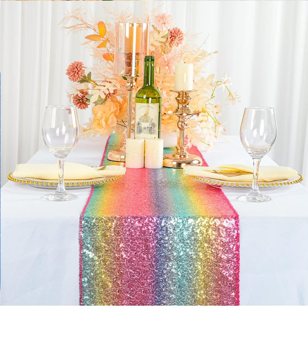 (180x30cm) Pailletten Tischläufer Party Deko Glitzer Tischtuch - Regenbogen