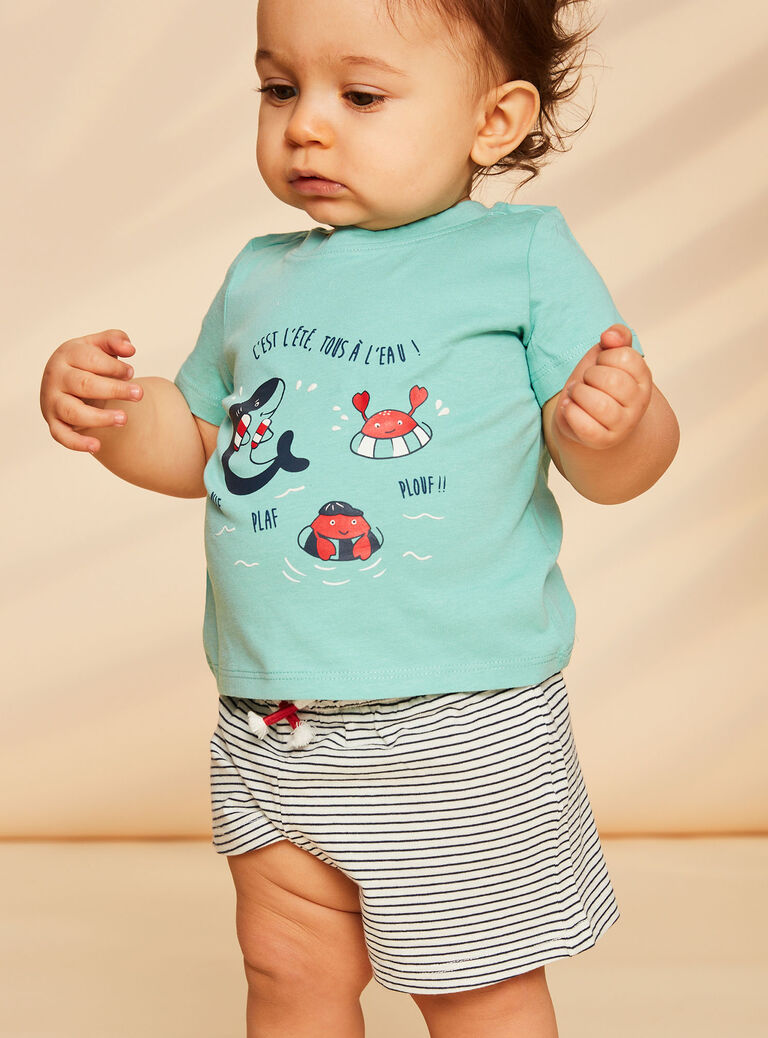 T-shirt et short vert d'eau, bleu marine et blanc en jersey