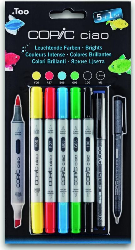COPIC - Ciao Marker Set - Bright Colours - 5 Stuks - Alcoholbasis - Inclusief Multiliner 0,3 mm