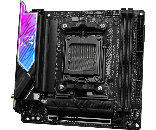 ASRock Phantom Gaming B850I LIGHTNING WIFI - Bundkort - mini ITX - Socket AM5 - AMD B850 Chipset - USB-C 3.2 Gen2, USB-C 3.2 Gen 1, USB 3.2 Gen 2, USB 3.2 Gen 1 - Wi-Fi 6E, Bluetooth, 2.5 Gigabit LAN - onboard grafik (CPU påkrævet) - HD Audio (8-kana