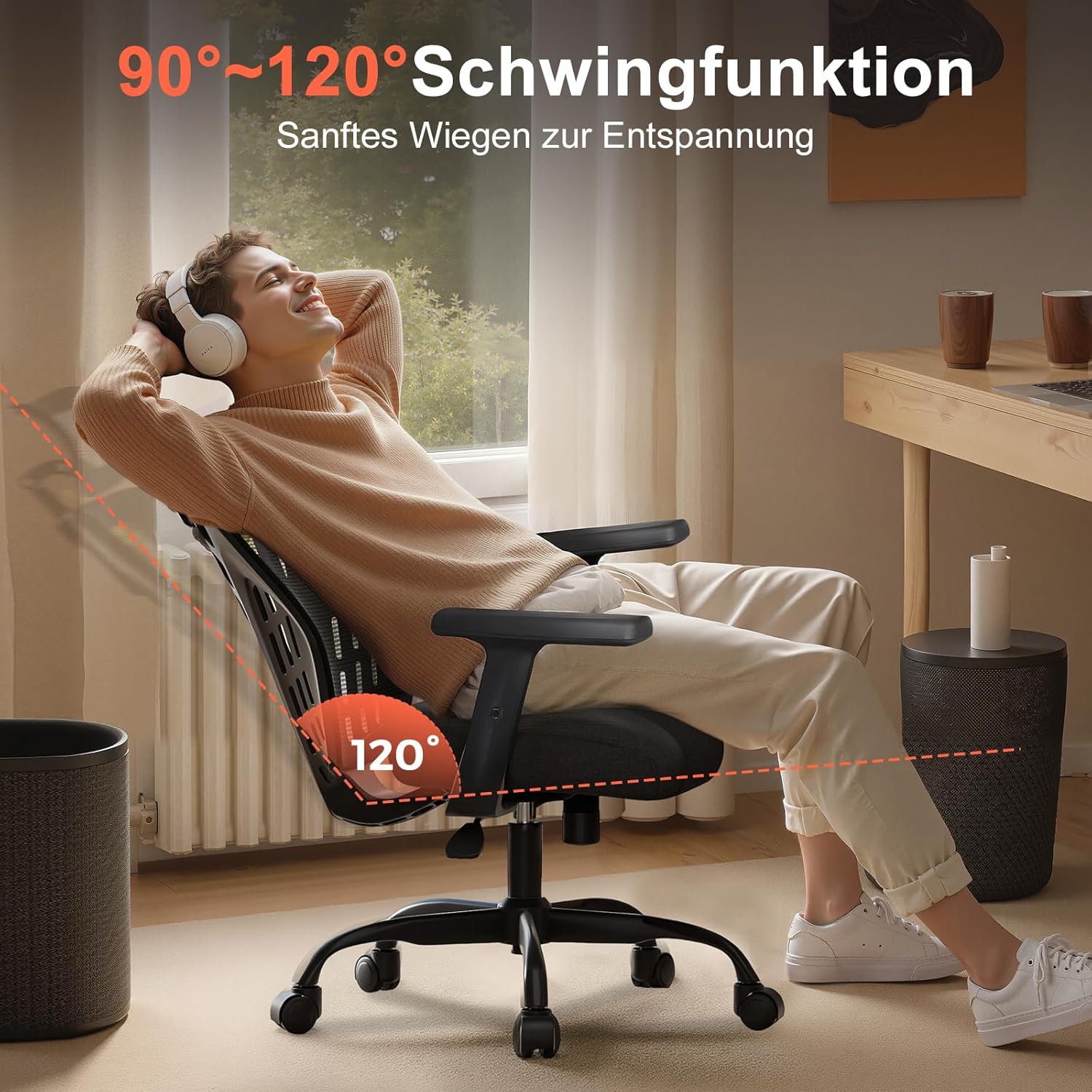 COMHOMA Ergonomischer Bürostuhl Schreibtischstuhl mit Verstellbaren Armlehnen, Gamingstuhl atmungsaktives Mesh, V-förmige Rückenlehne, Wippfunktion, Hochdichter Schaumstoffsitz, Schwarz