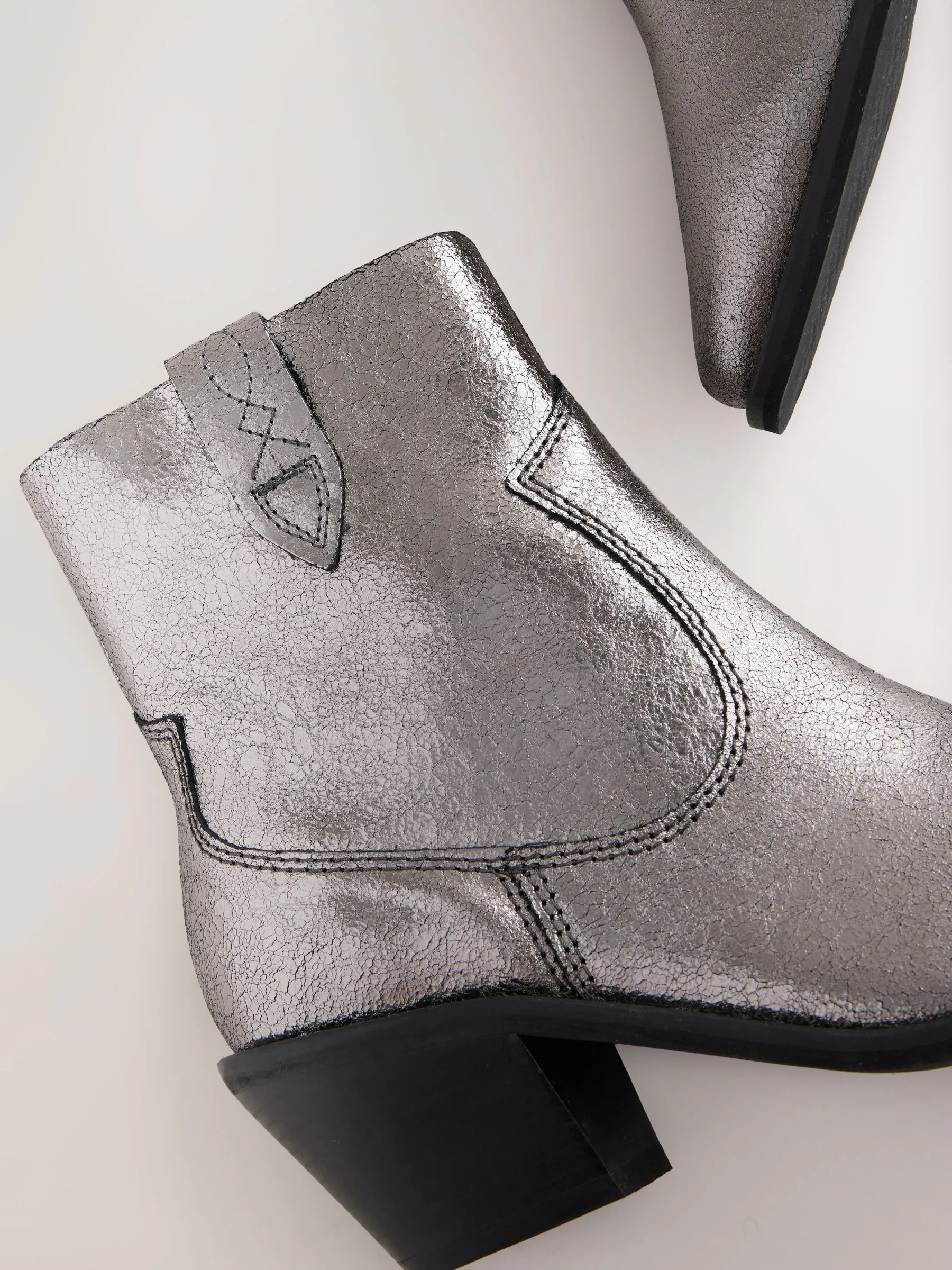 Metallic Silver Leather - Cowboy Block Heel Ankle Boots