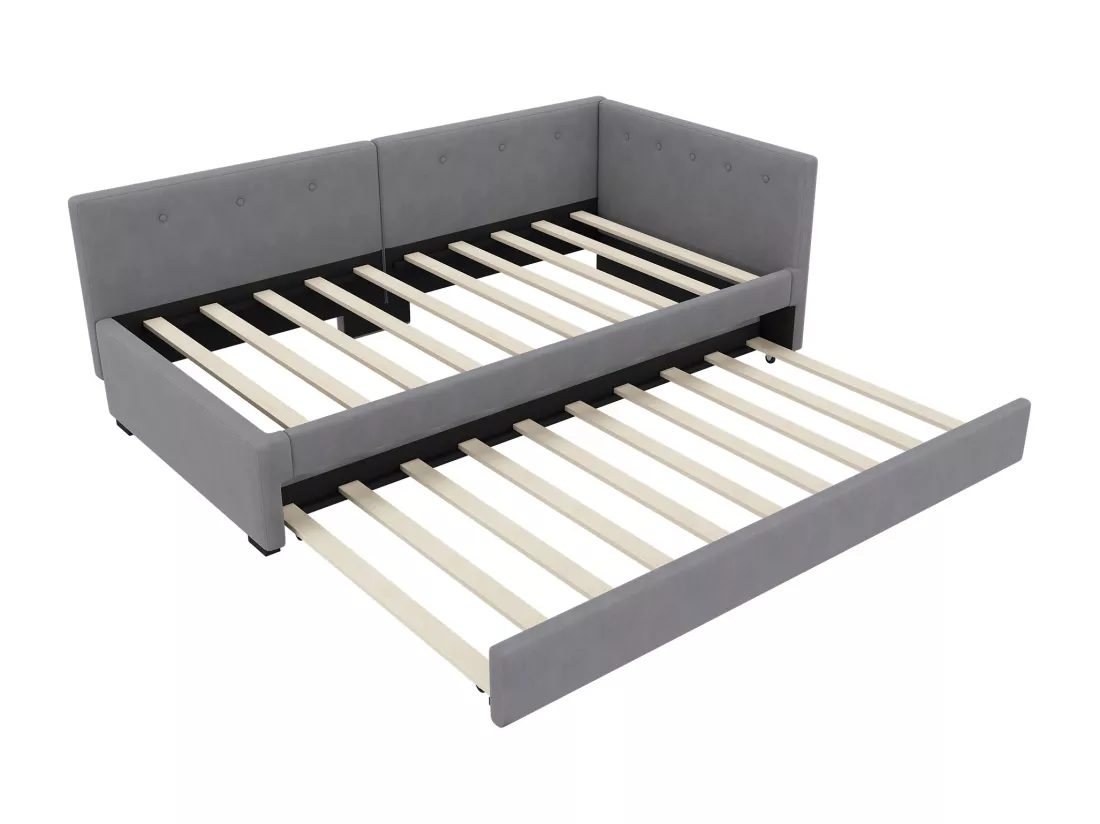 Lit gigogne 140 x 200 cm + 90 x 190 cm avec tête de lit - velours - gris