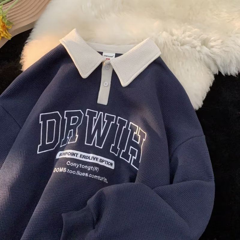 jagevin - Sweatshirt met lange mouwen, geborduurde letters en contrastkraag