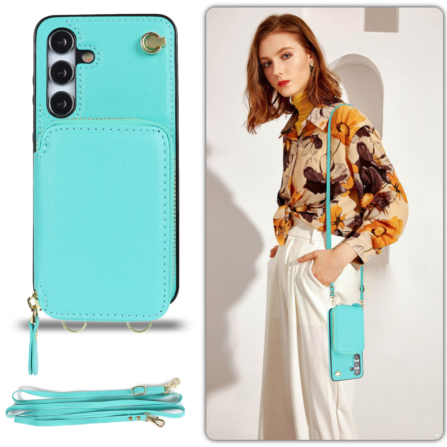 Samsung Galaxy S24  Plus Necklace Leder Schutz Hülle mit Kartenfächer   Handykette (140cm) - Türkis