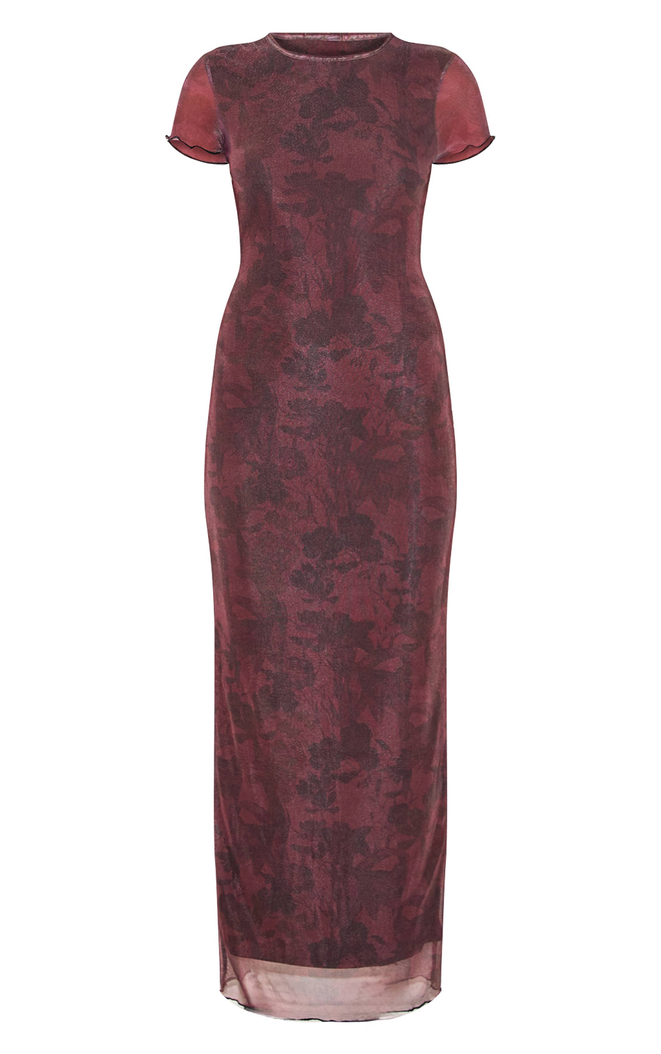 Rouge Bordeaux Robe Longue À Manches Courtes En Mesh À Imprimé Floral