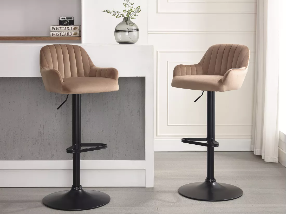 Lot de 2 tabourets de bar en velours et métal noir - Hauteur réglable - Beige - ELEANA