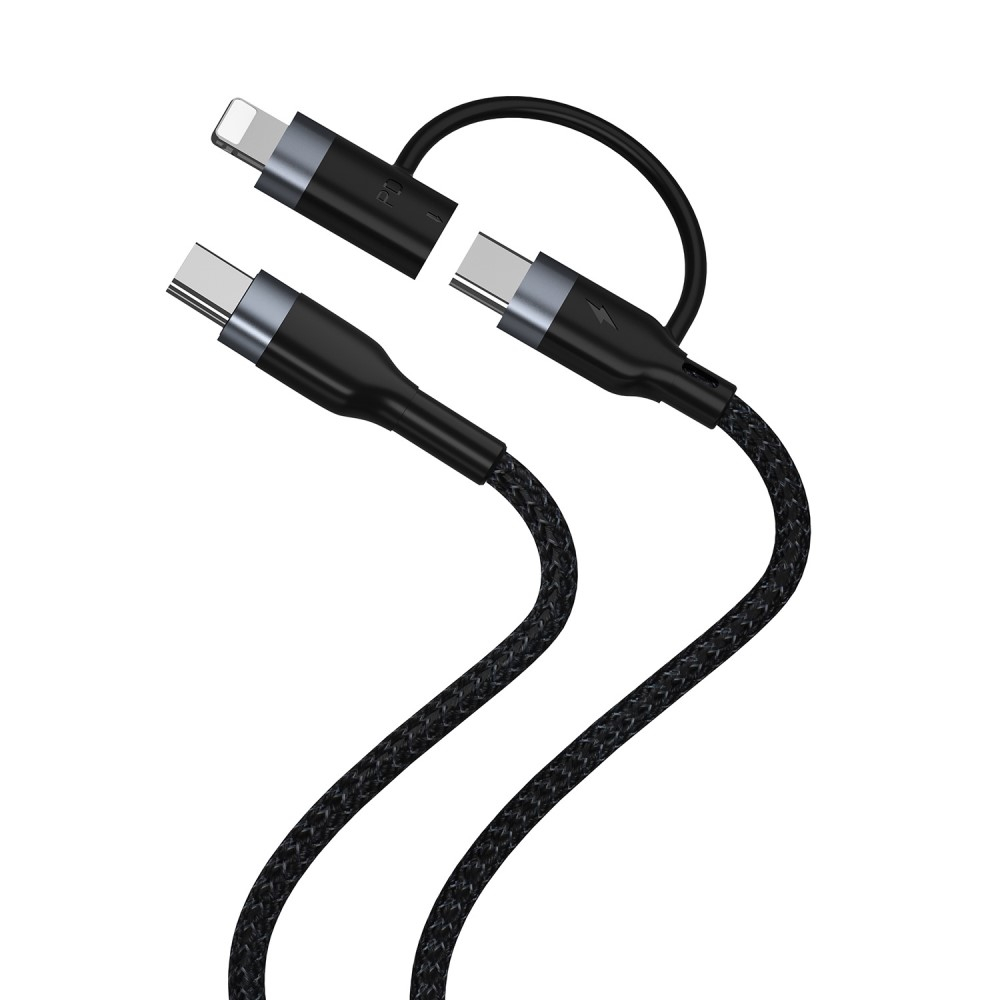 (1m) Robustes 2in1 USB C   Lightning 60W PD Schnellladekabel Datenkabel Nylon - Schwarz