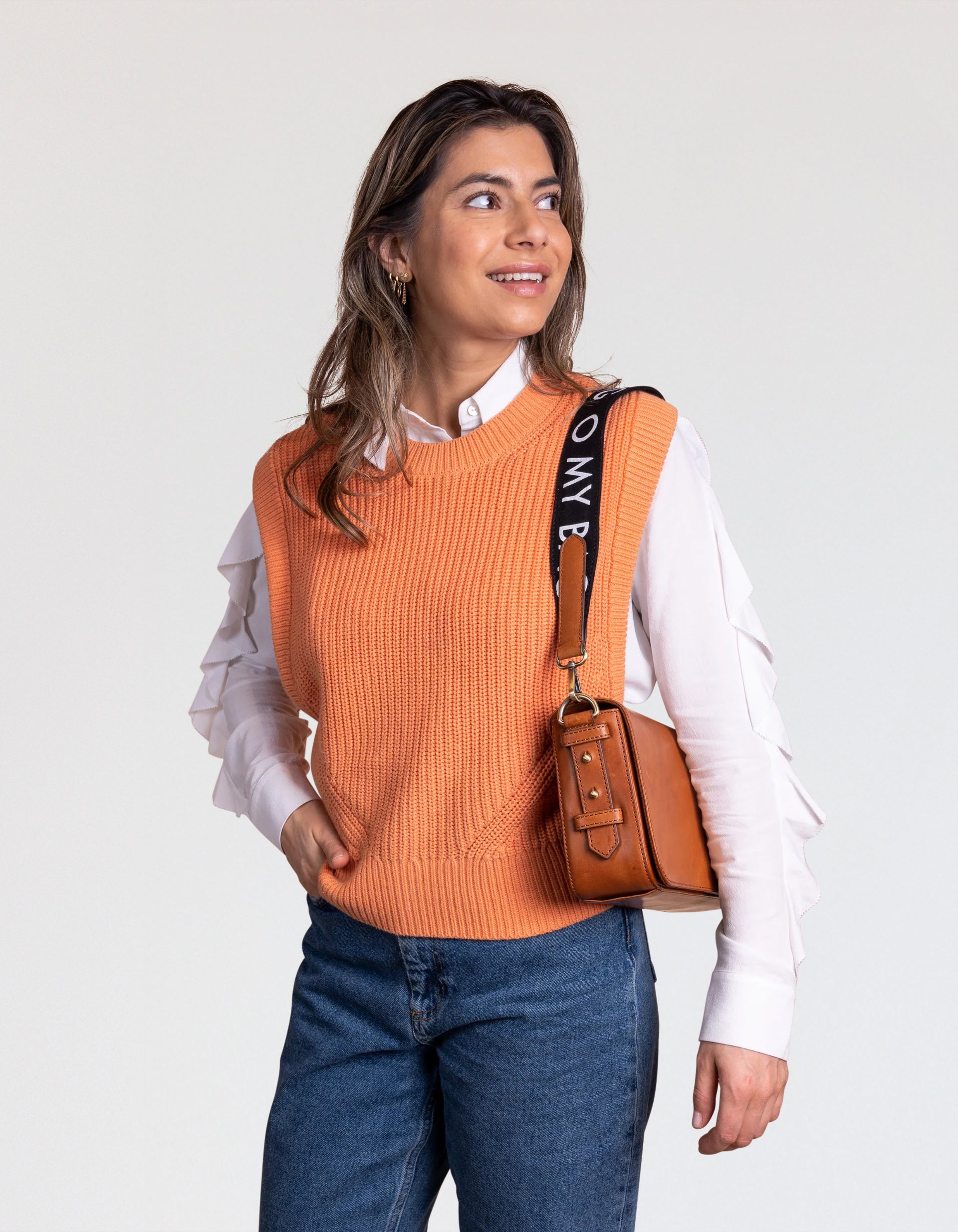 Shoulder Canvas Logo Strap - Black & Cognac Classic Leather