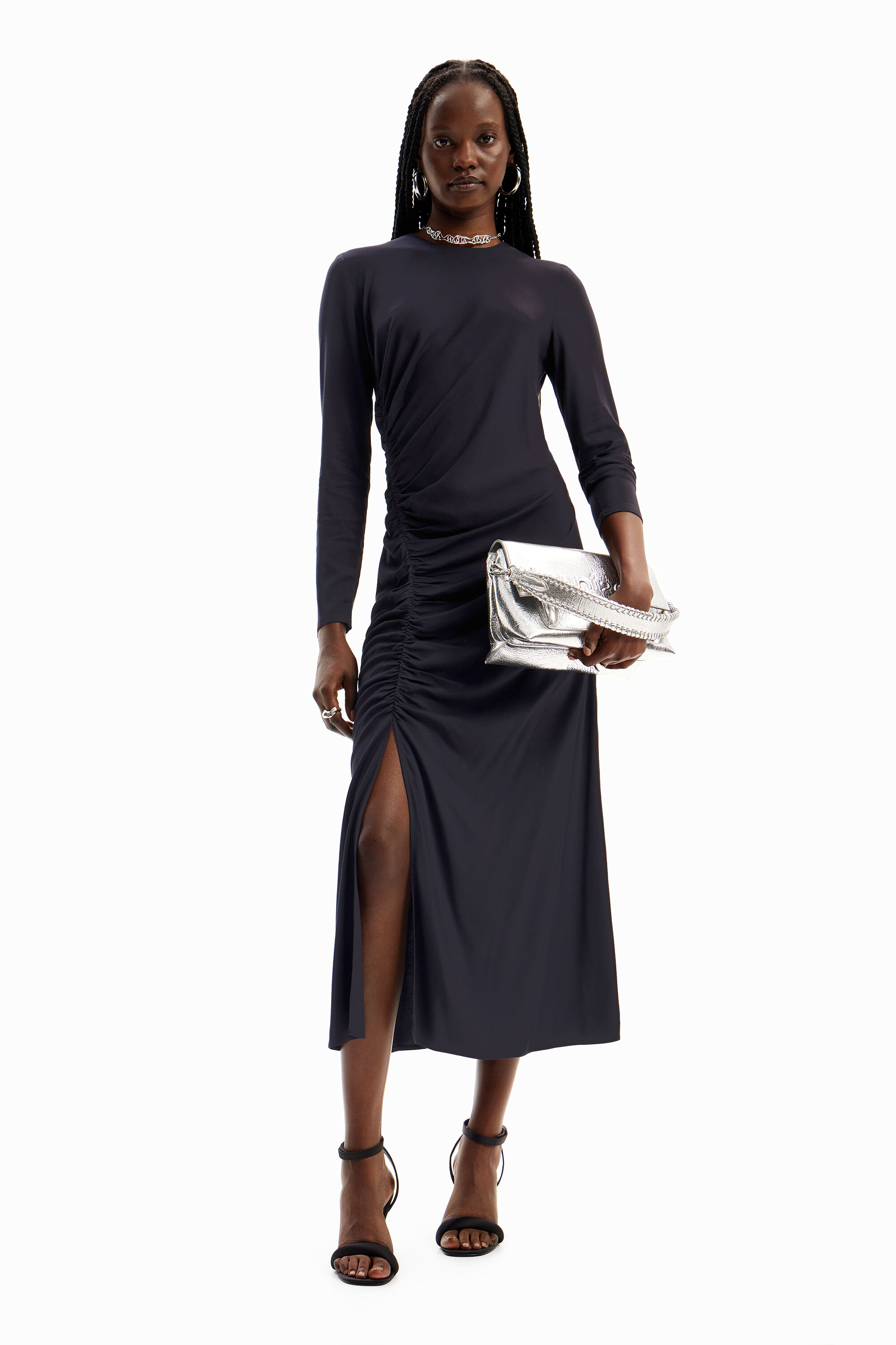 vestido midi franzido