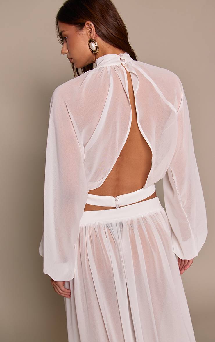 Blanc Blouse Co-ord Dos Nu Manches Ballon En Mousseline Transparente