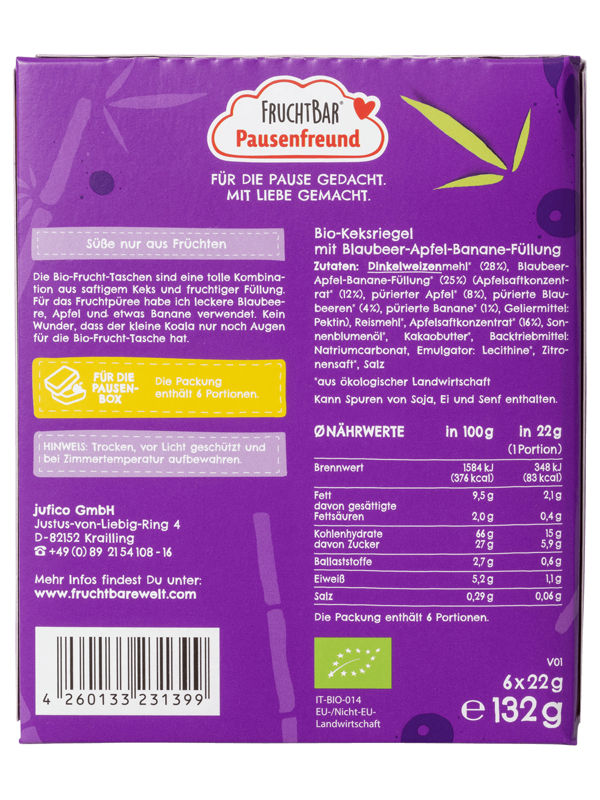 FRUCHTBAR Frucht Tasche<br>6 × 22 g, Bio Dinkel Blaubeere Apfel