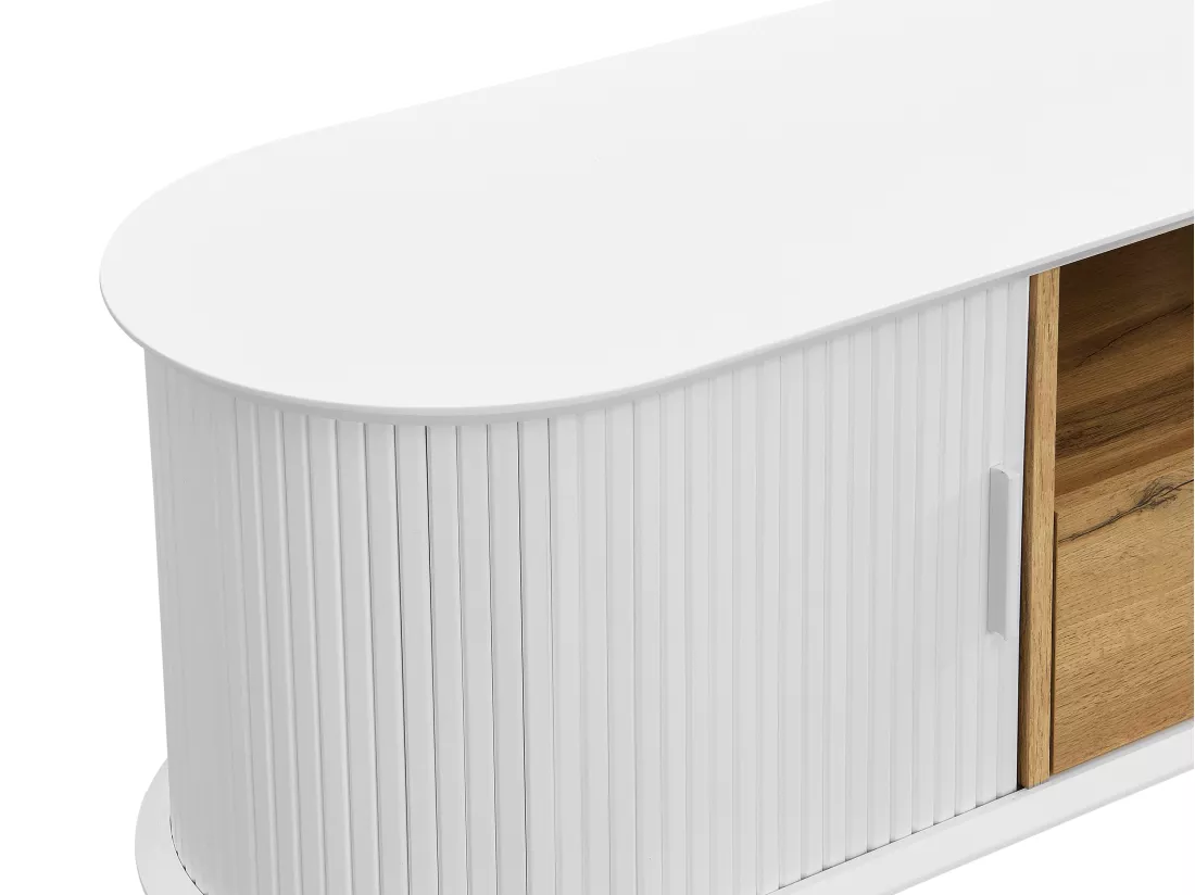 Meuble TV avec 2 portes coulissantes, 1 tiroir et 1 niche en MDF - Blanc et naturel - VELURANI