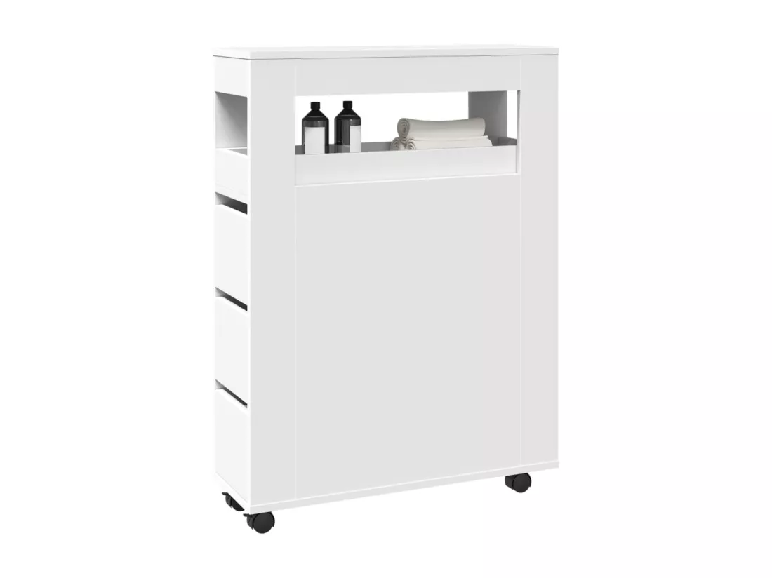 Meuble étroit de salle de bain à roulettes blanc
