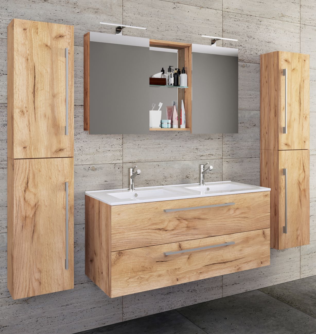 5-teiliges Badmöbel-Set BUDASI - Honig Eiche - Spiegelschrank - 177 cm breit