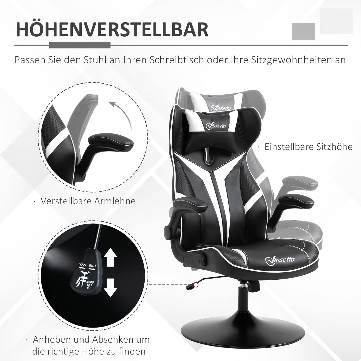 Vinsetto Gaming Stuhl ergonomischer Gamer Stuhl mit Kopfstütze und höhenverstellbar Gamingstuhl Bürostuhl mit Wippfunktion Schwarz+Weiß