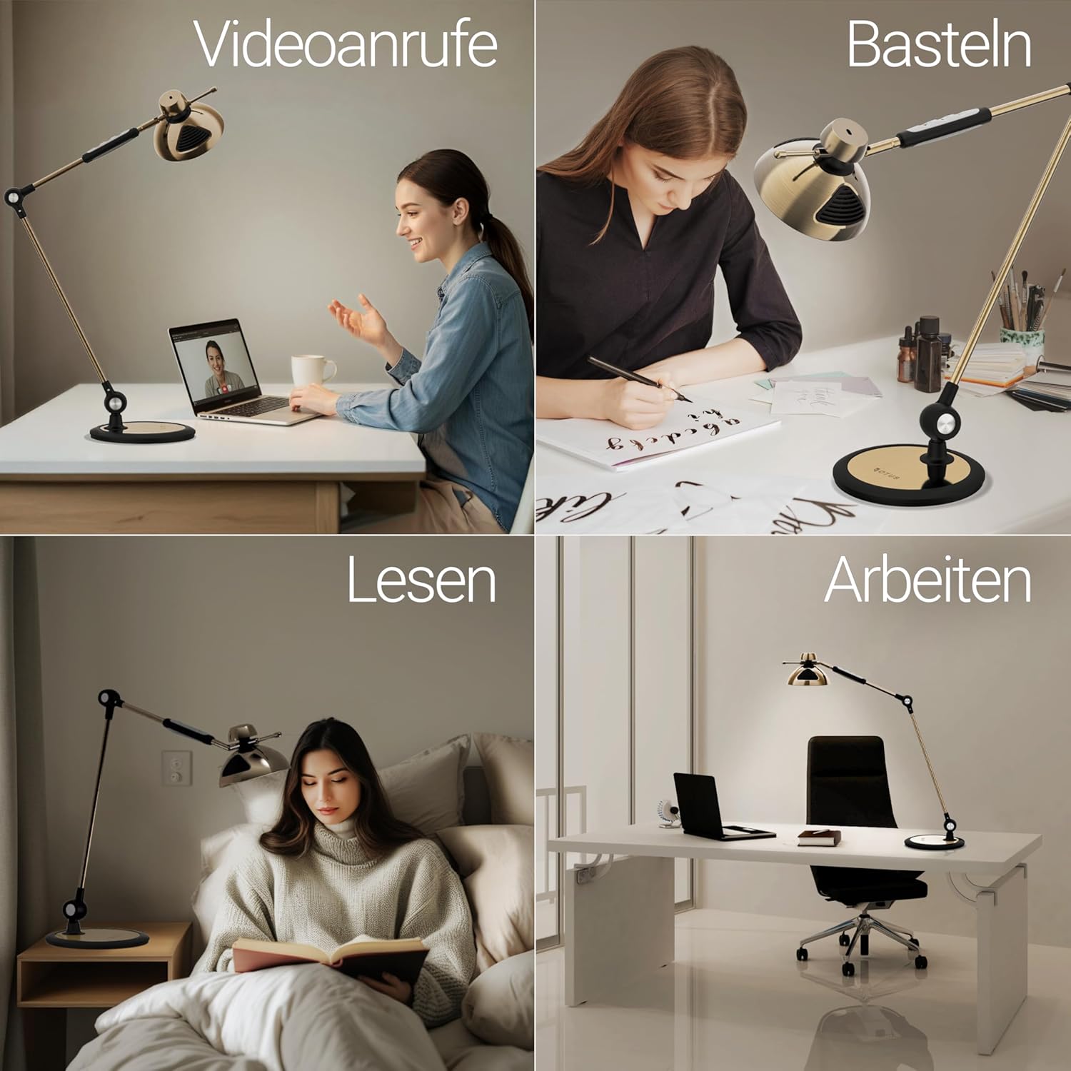OTUS Schreibtischlampe LED Dimmbar mit Gestensteuerung | Retro Schreibtisch Lampe 3 Farbmodi, 12 Helligkeitsstufen & Flexarm aus Metall | LED Tischlampe & Arbeitsleuchte für Büro Home Lesen - Messing