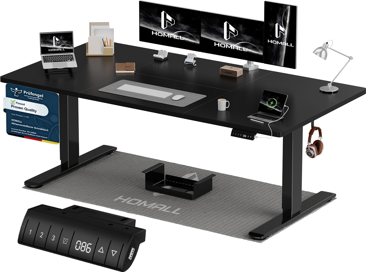 Homall Höhenverstellbarer Schreibtisch 180x80cm mit USB-A Ladeanschluss, Elektrischer Schreibtisch mit Kabel Management Tray, Standing Desk mit 3 Memory Funktion, Computertisch Schwarz