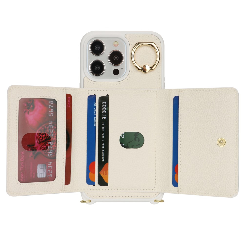 iPhone 15 Pro Necklace Leder Hülle mit Münzfach und Kartenfächer   Finger Griff Halterung   Handykette - Weiss