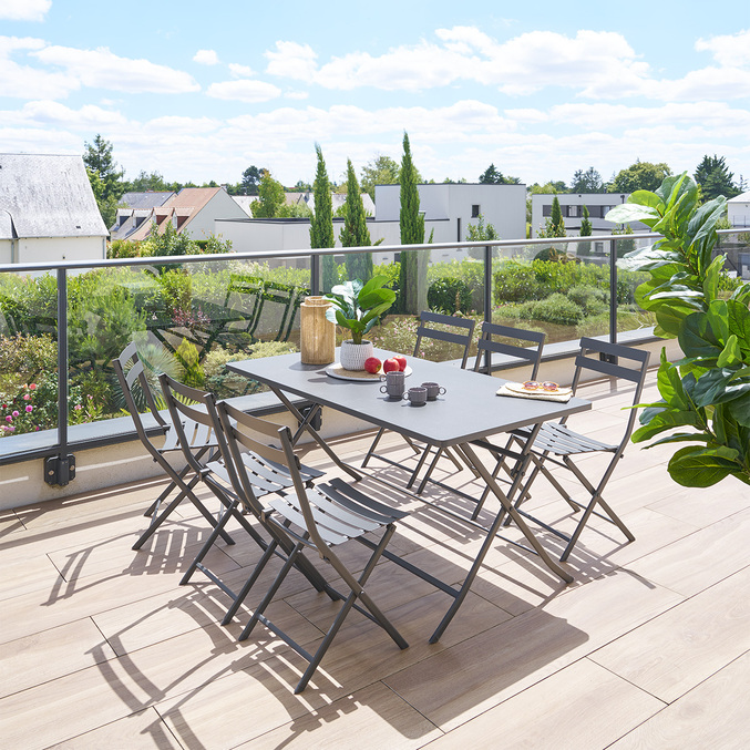 Ensemble table de jardin rectangle + 6 chaises empilables GREENSBORO Graphite