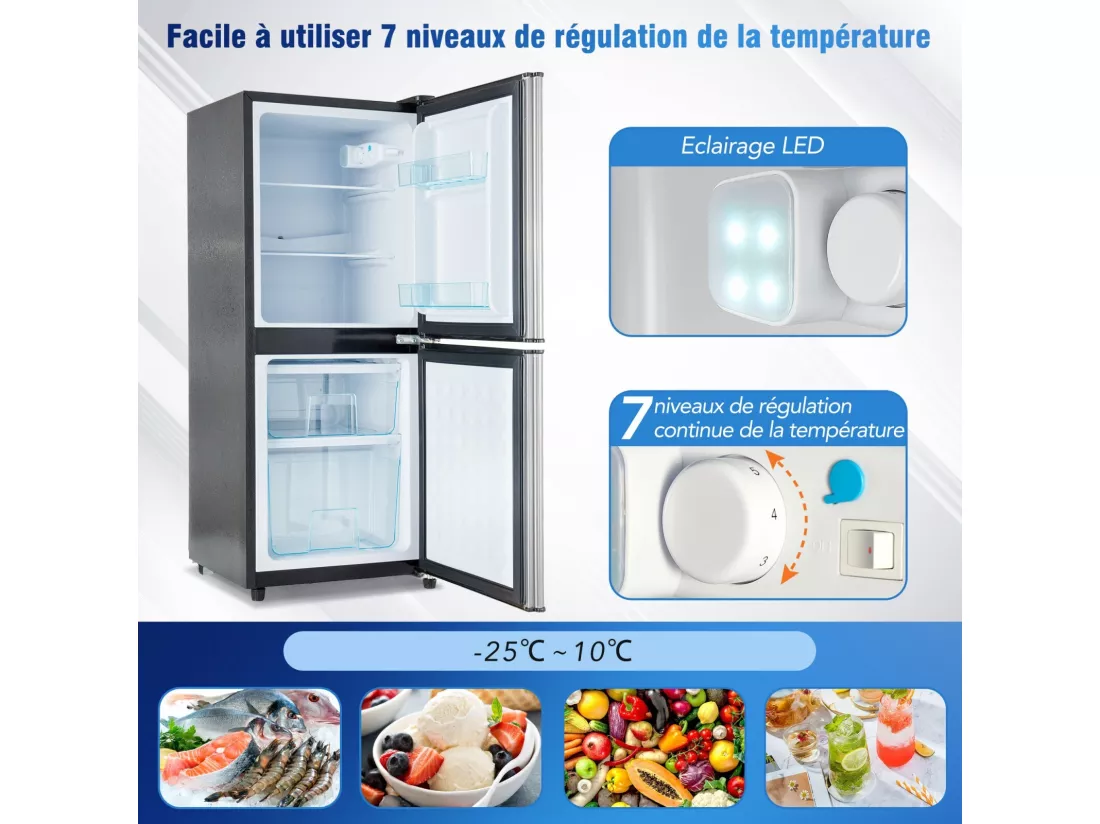 106L Réfrigérateur Argenté+noir, avec cloison en verre et pieds réglables, 7 température, -25~10 ℃, Classe d'efficacité énergétique E