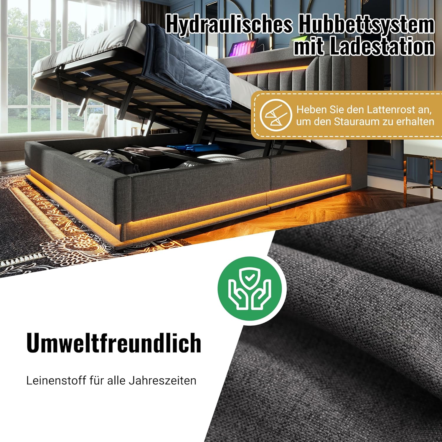 Polsterbett Doppelbett 180x200, LED Jugendbett Hydraulisches Bett Stauraumbett Funktionsbett Bettgestell mit Stauraum&Lattenrost, Stauraum-Kopfteil mit USB Type-C Aufladen, Leinen, Ohne Matratze, Grau