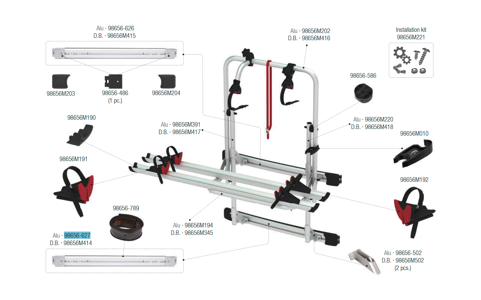 Fiamma Klemmleiste unten passend für Carry Bike 200 DJ Sprinter / Crafter - Farbe Aluminium Fiamma Ersatzteilnummer 98656-627