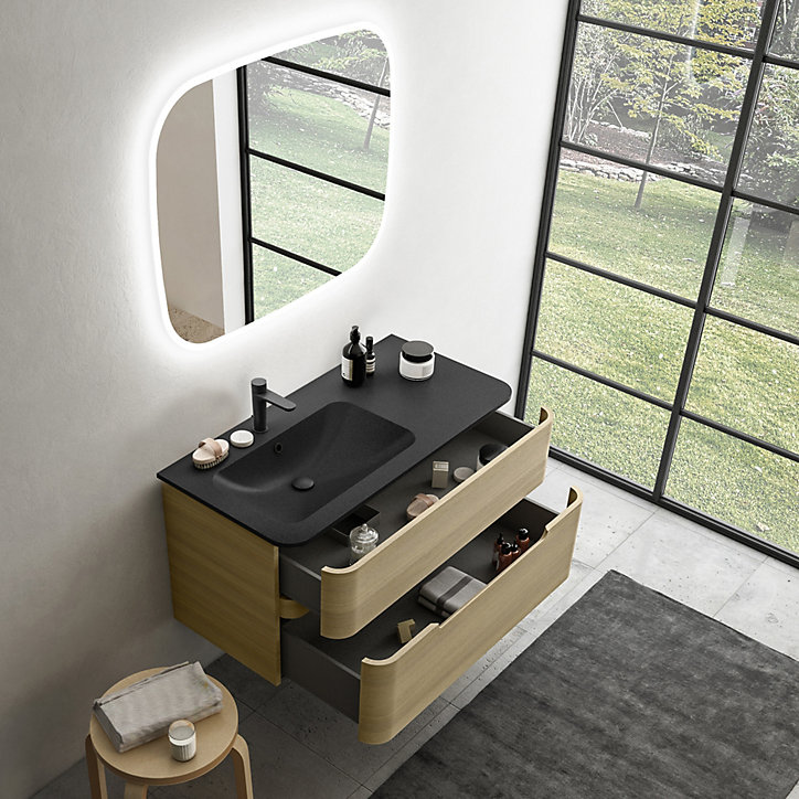 Ensemble salle de bains L. 104 cm meuble sous vasque décor chêne clair + plan vasque à gauche noir mat Alba