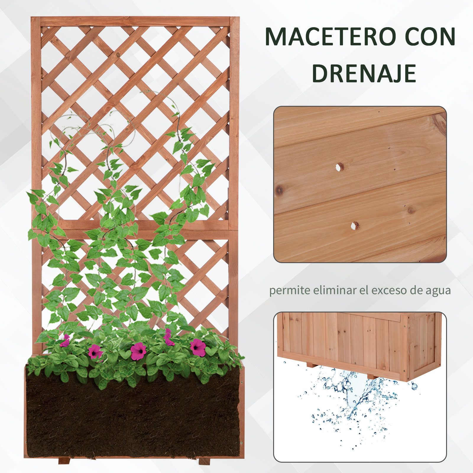 Jardineira de madeira maciça Outsunny com suporte para plantas trepadeiras, ideal para o cultivo de flores, 72,5 x 31,5 x 149,5 cm, cor natural.